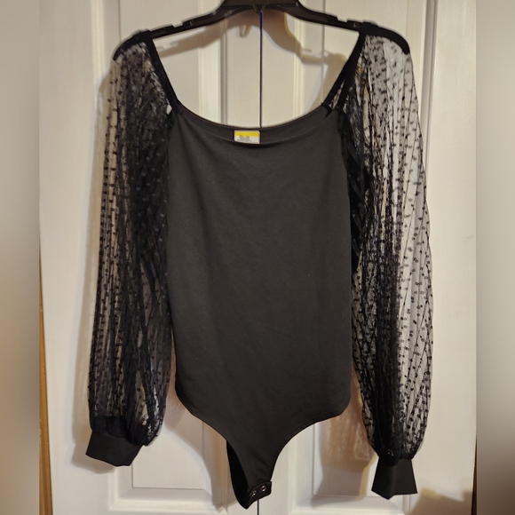 Women's Square Neck Long Sleeve Bodysuit Polka Dots Tops Sheer Basic Jumpsuit - Picture 6 of 7